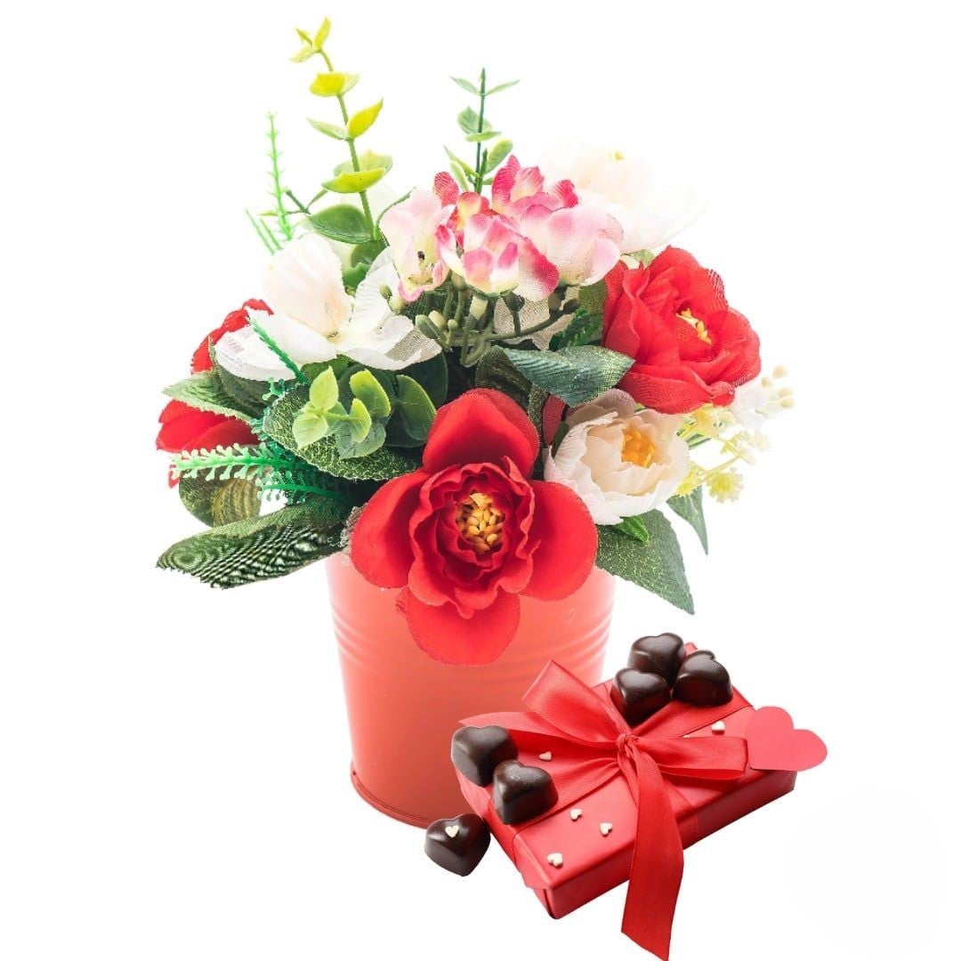 Vase arrangement of mix red and white flowers with box of chocolates (Refined)