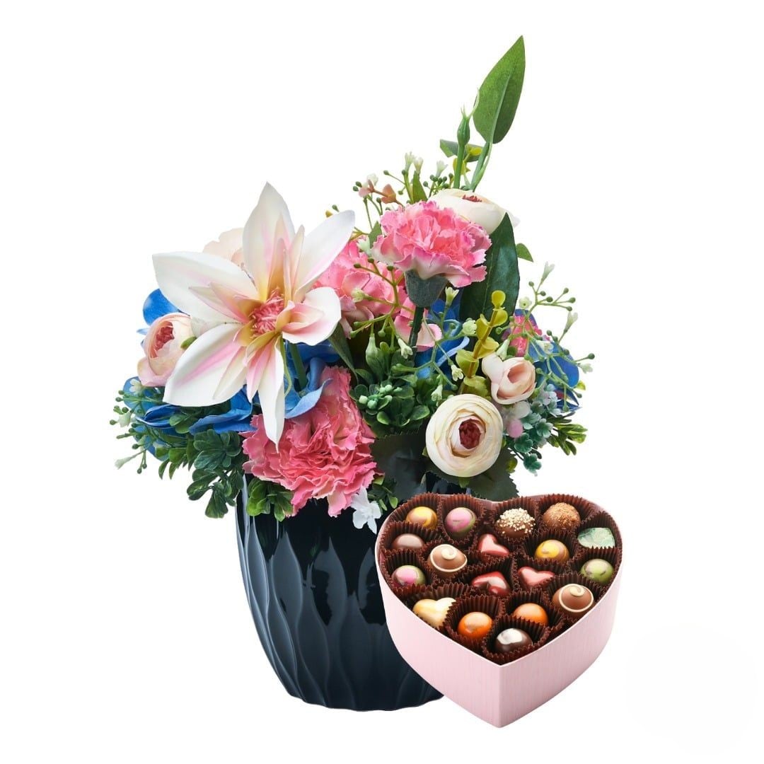 Vase arrangement of mix pink flowers with box of chocolates (Refined)