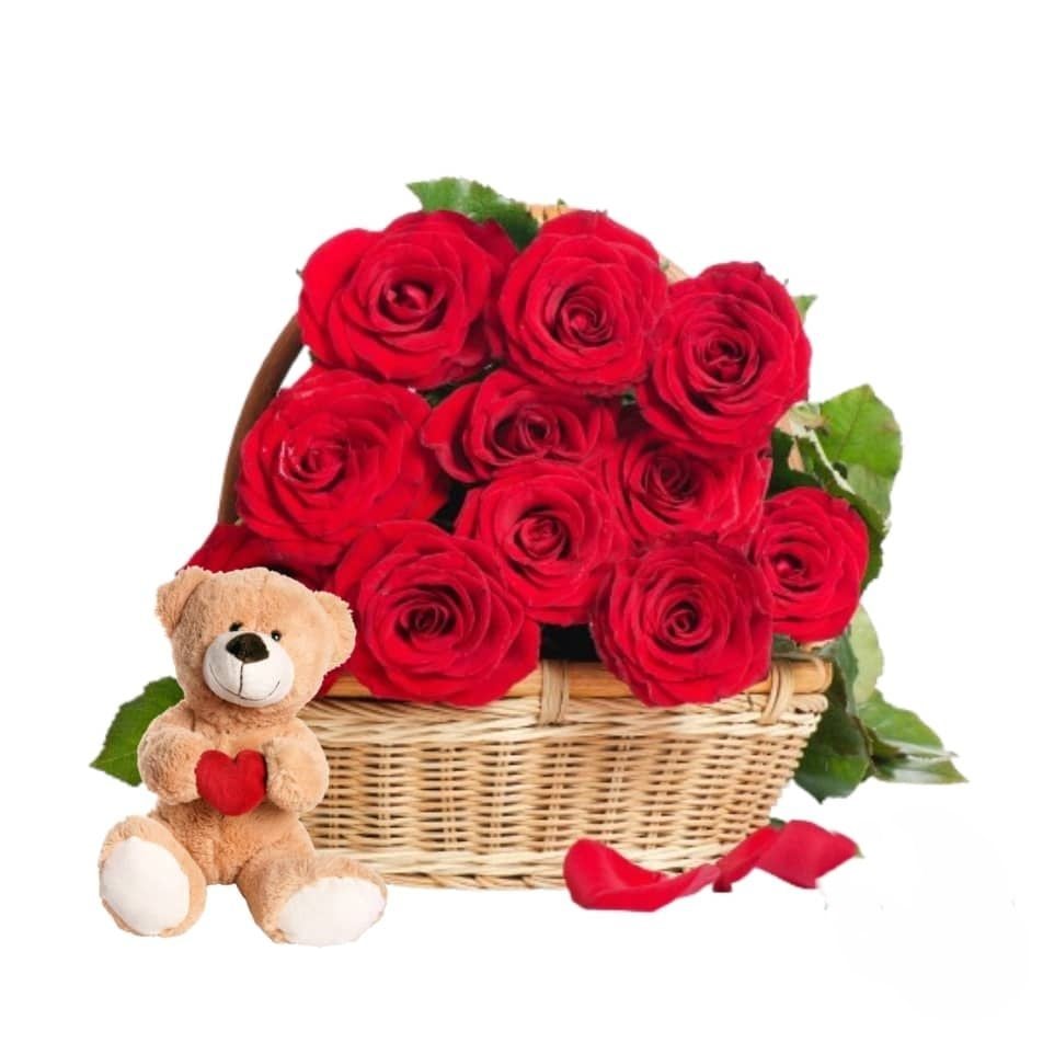 basket of 12 red roses with teddy (Refined)