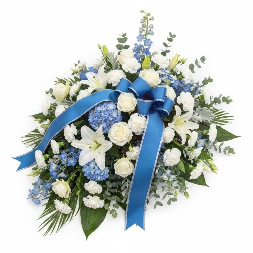 Funeral Arrangement of White and Blue Flowers (Refined)