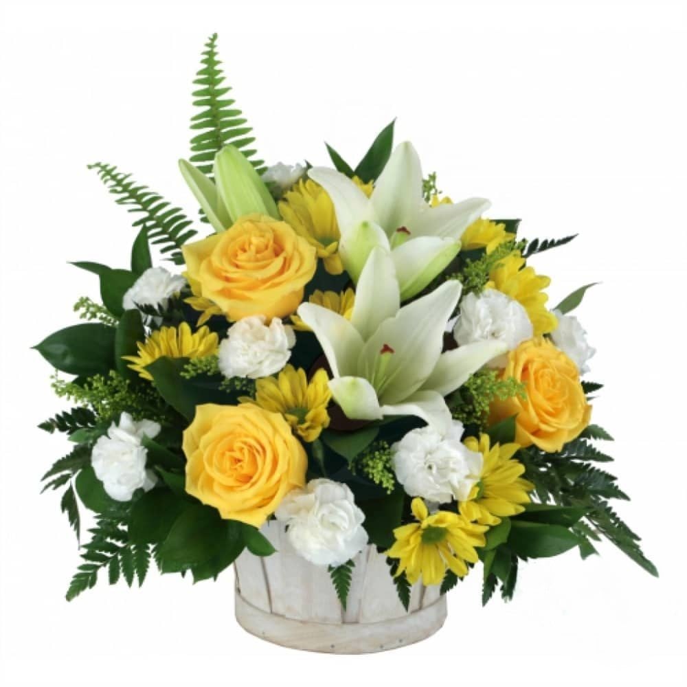 Funeral Arrangement of Yellow Roses and White Lilies (Refined)