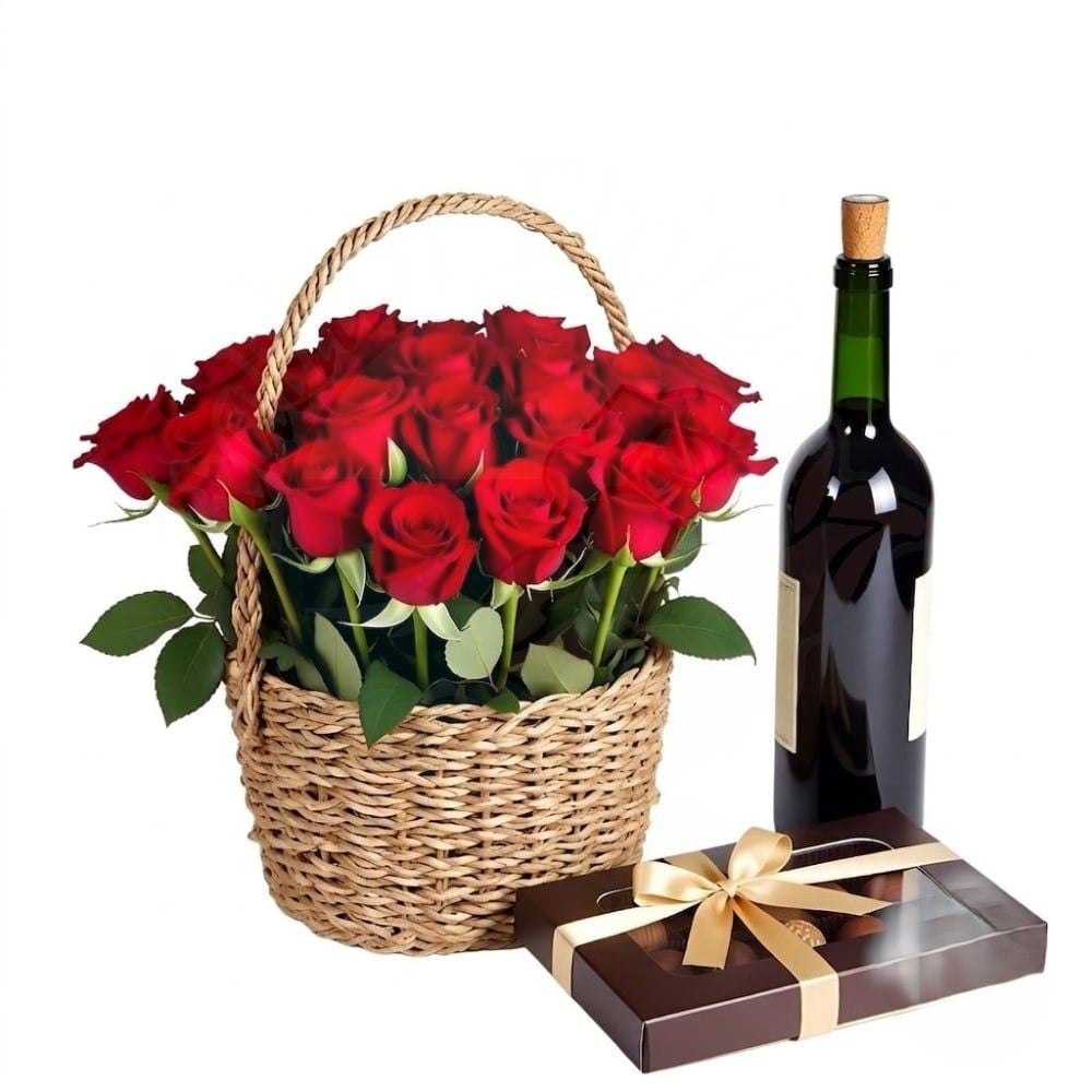 Basket of Red Roses with Red Wine and chocolates (Refined)