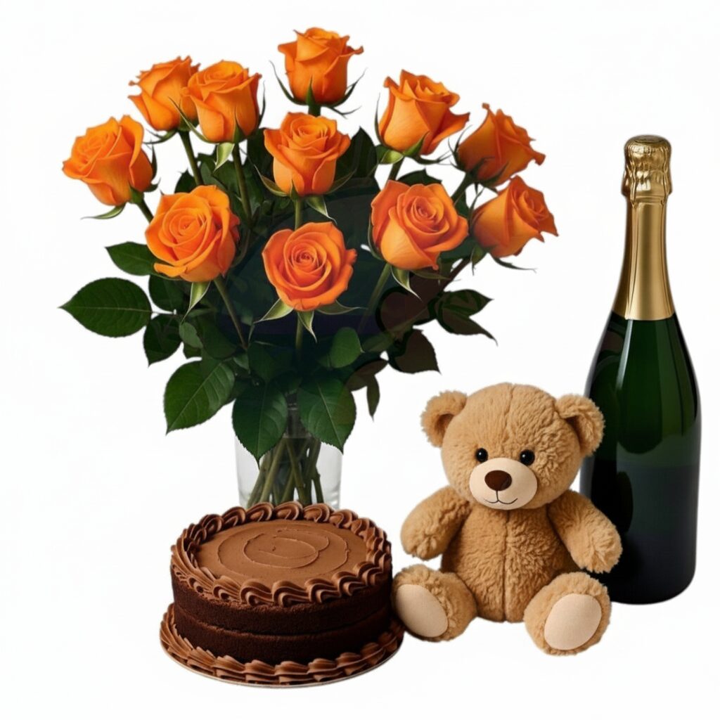 Orange bouquet with sparkling wine,chocolate cake and teddy (Refined)