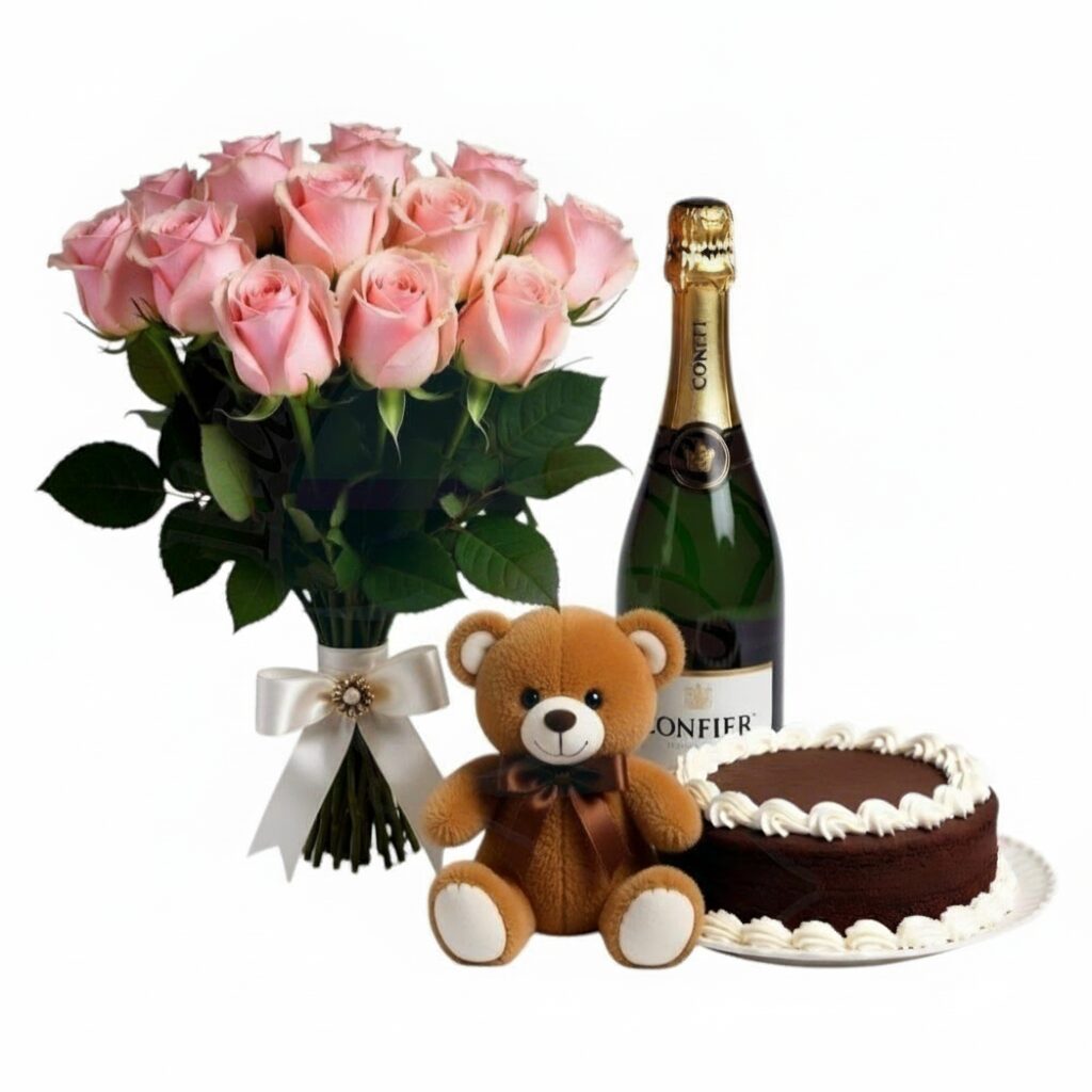 Pink bouquet with sparkling wine,chocolate cake and teddy (Refined)