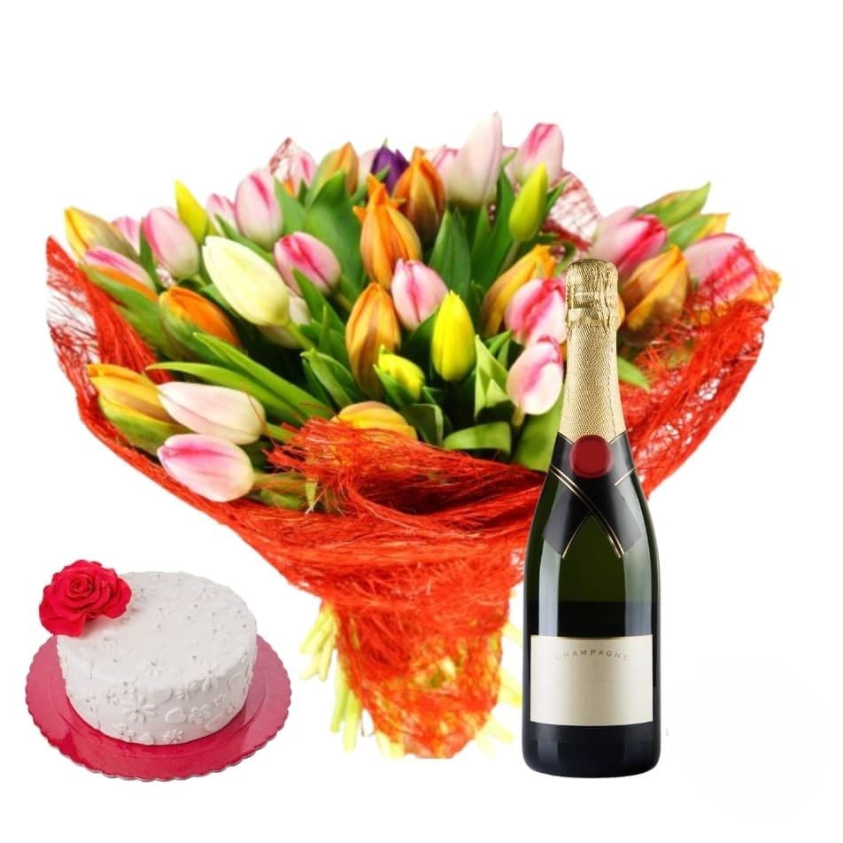 Bouquet of mixed tulips with sparkling wine and romantic cake (Refined)