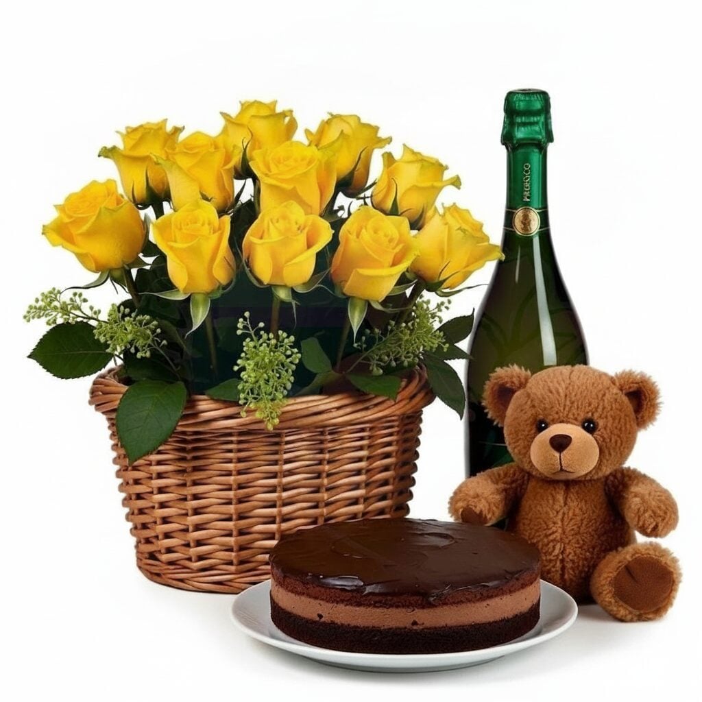 Basket of yellow roses with sparkling wine chocolate cake and teddy (Refined)