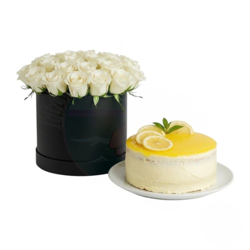 Flowerbox of white roses and lemon cake (Refined)