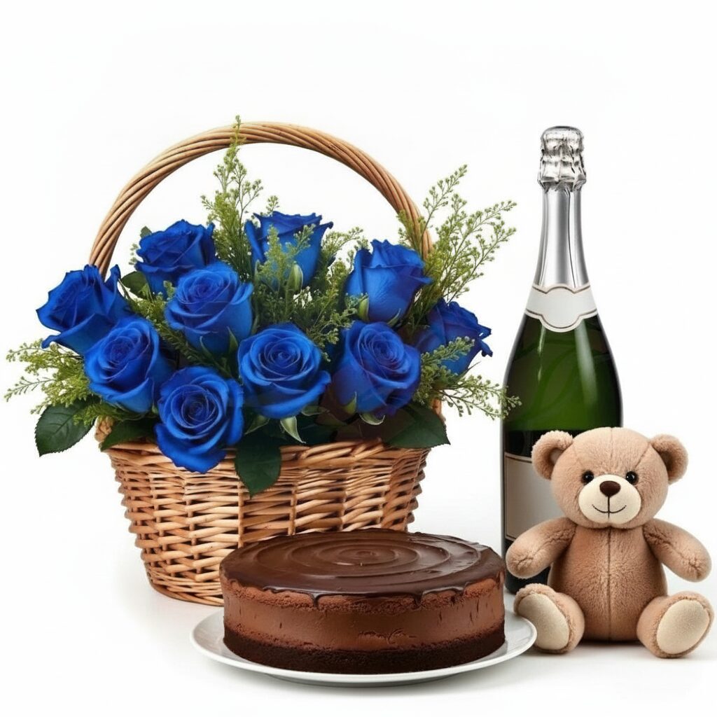 Basket of blue roses with sparkling wine,chocolate cake and teddy (Refined)