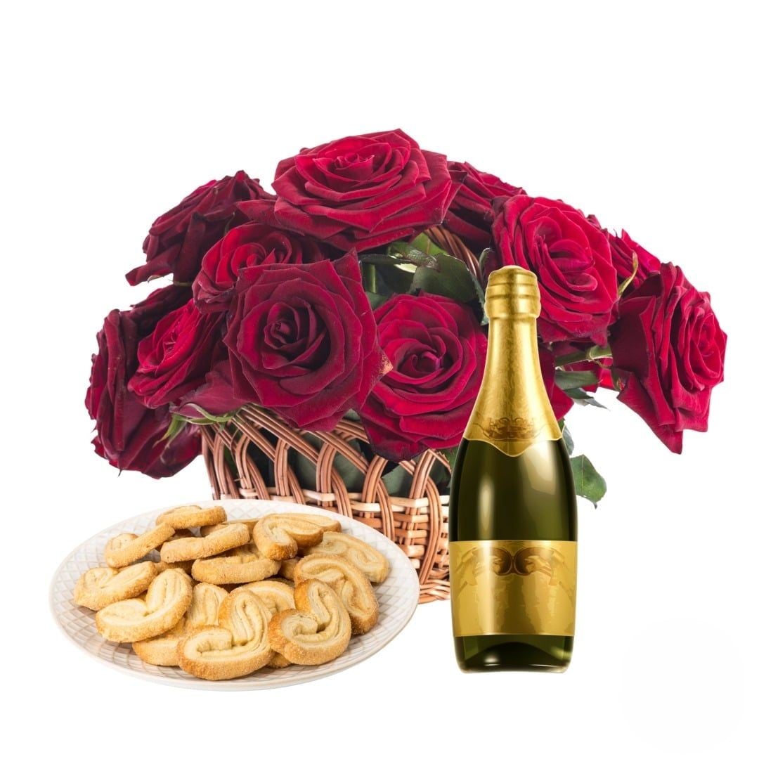 Basket of red roses with sparkling wine and biscuits (Refined)
