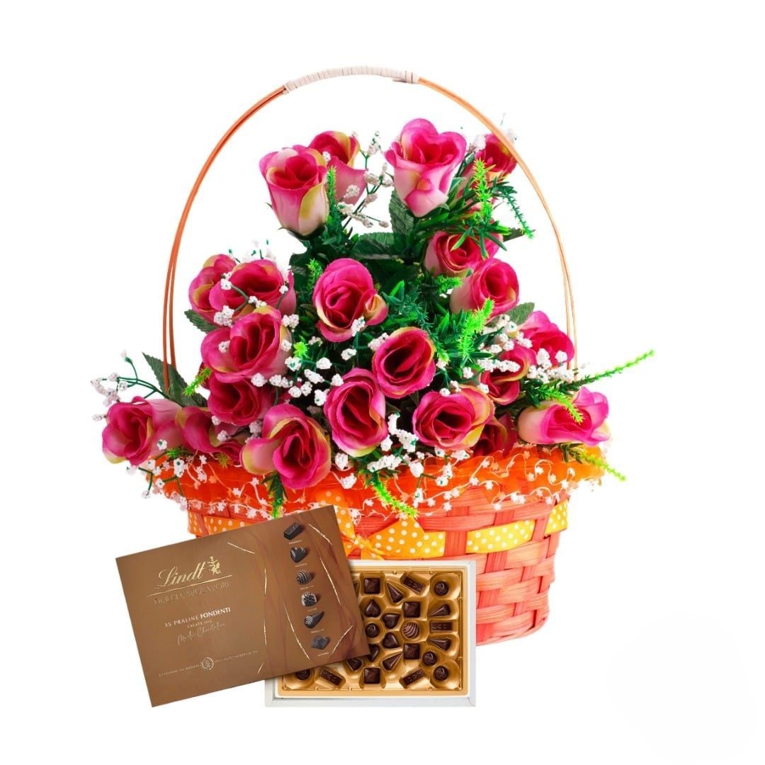 Basket of pink roses with box of chocolates (Refined)