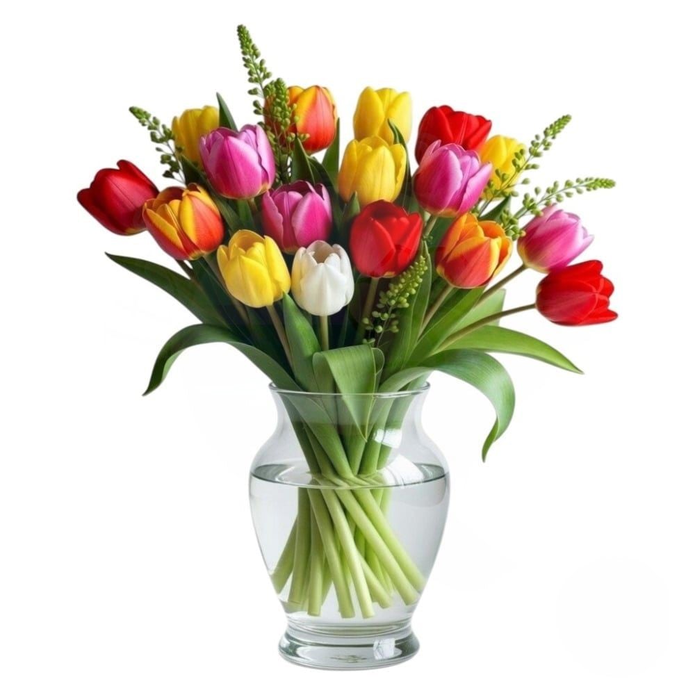 Bouquet of colourful tulips with vase (Refined)