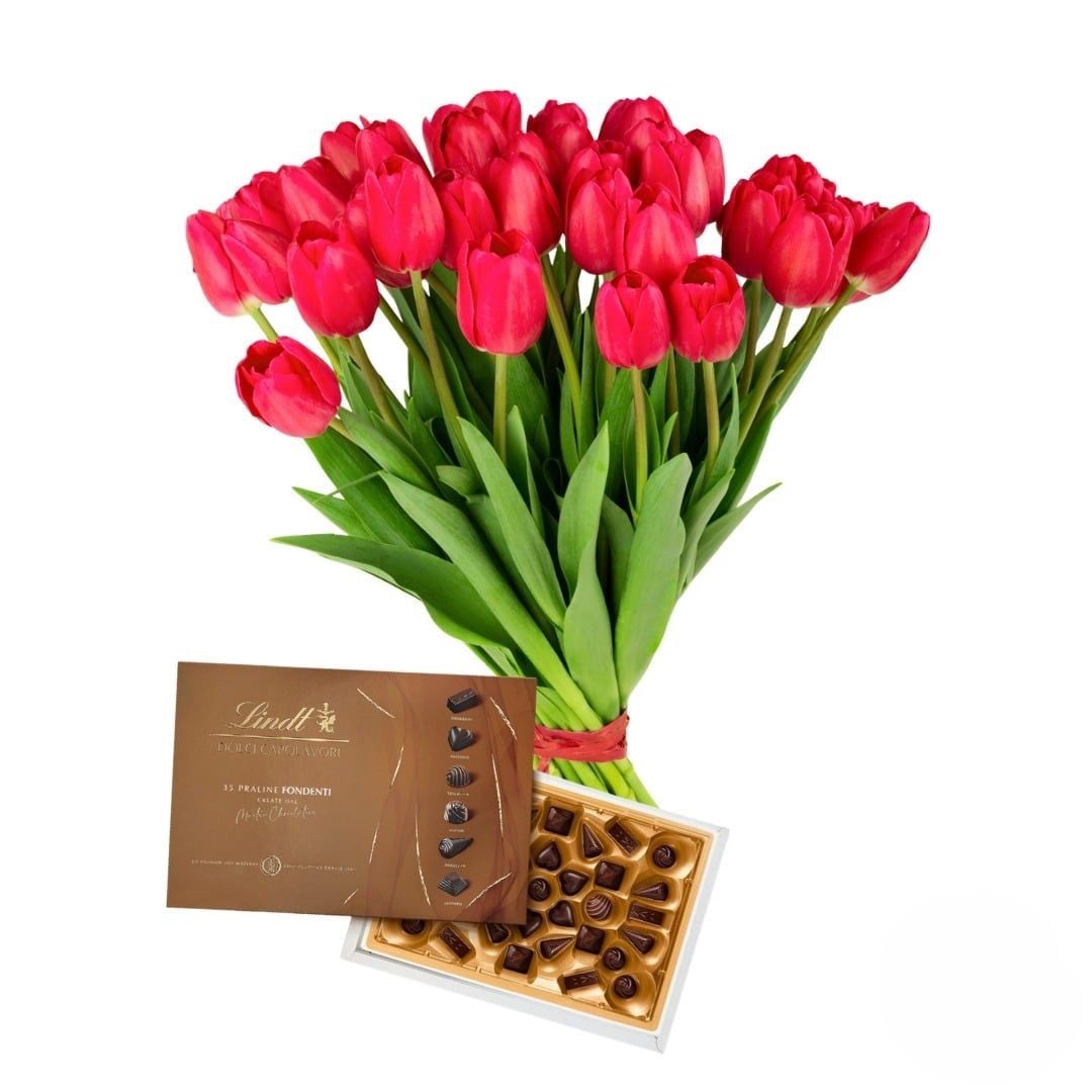 Bouquet of red tulips with box of chocolates (Refined)