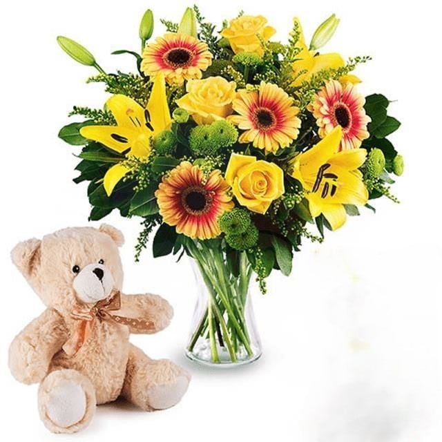 Yellow flowers bouquet with teddy bear and card (Refined)