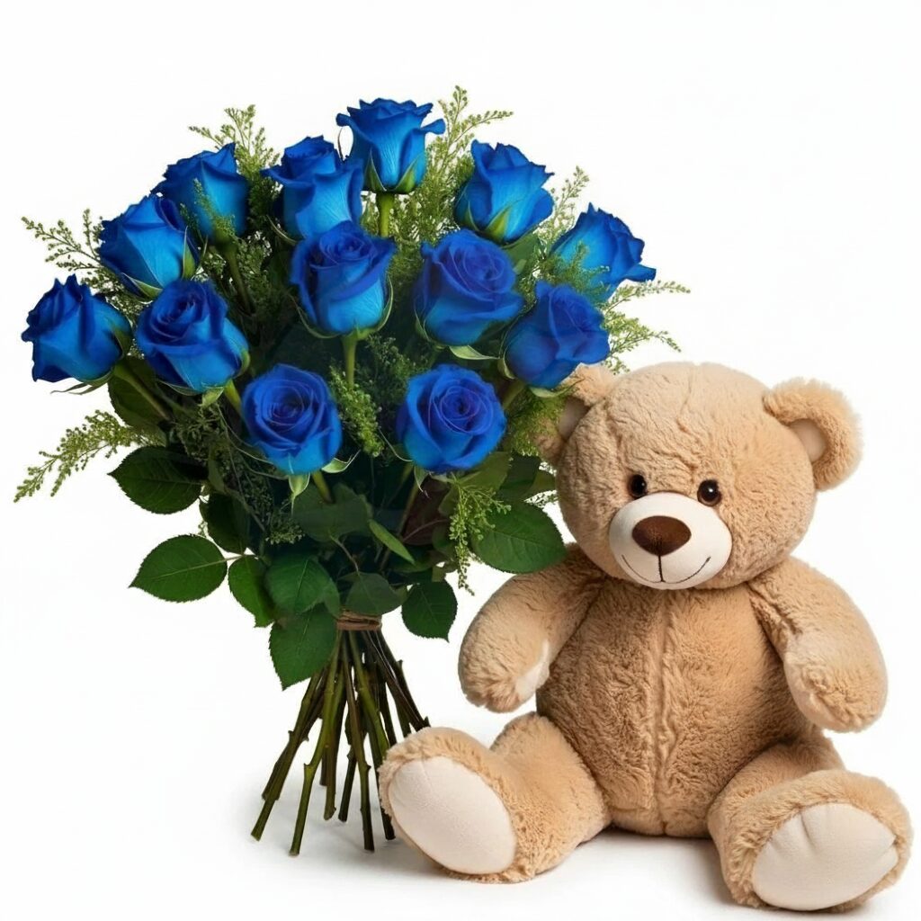 Bouquet of Blue Roses with Teddy (Refined)