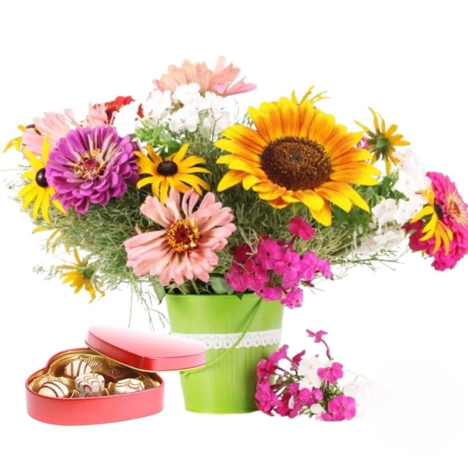 Bouquet of colourful flowers with box of chocolates (Refined)