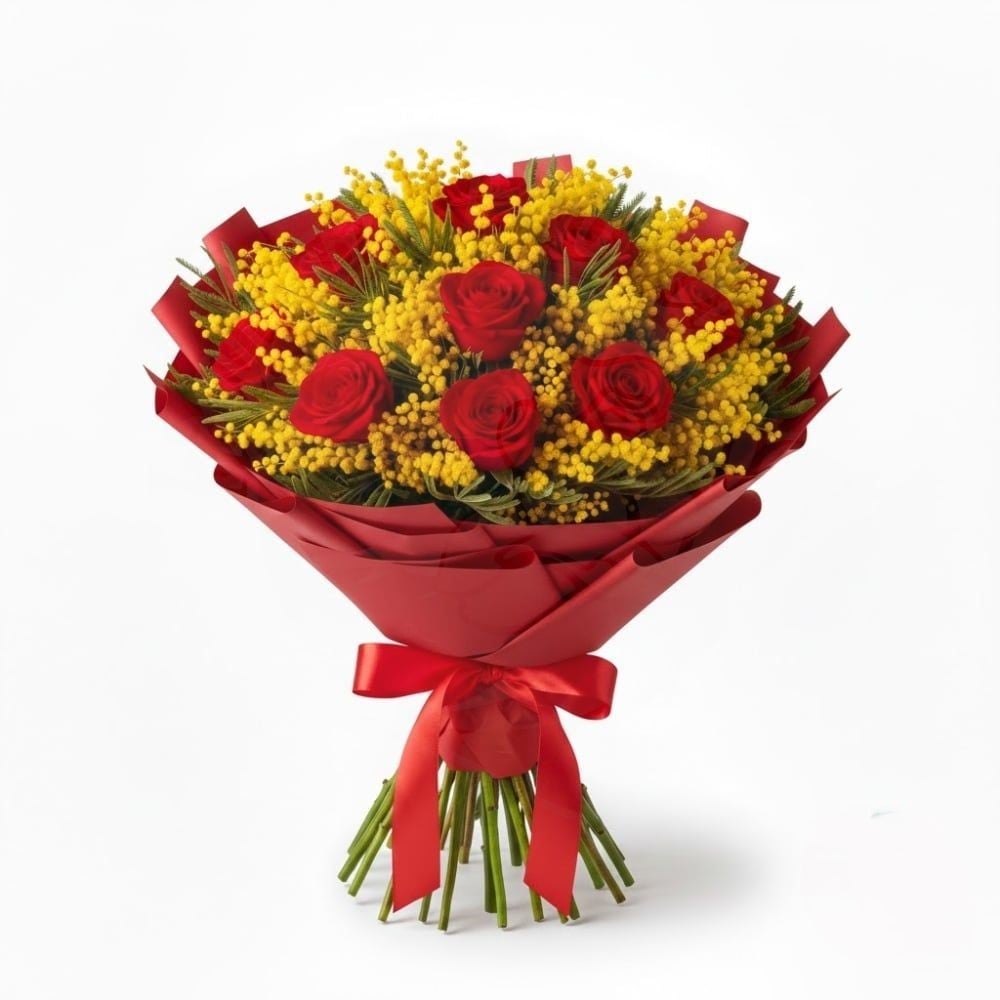 Bouquet of red roses with mimosa (Refined)