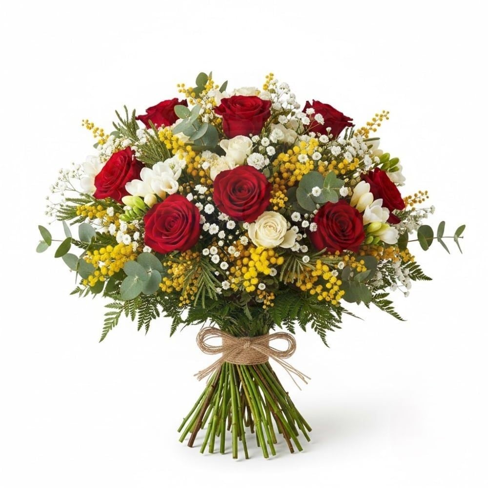 Bouquet of red roses, white flowers and mimosa (Refined)