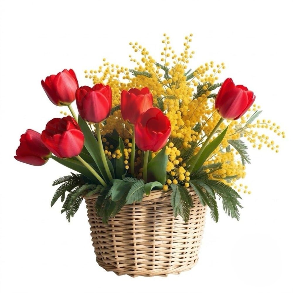 Basket with red tulips and mimosa (Refined)