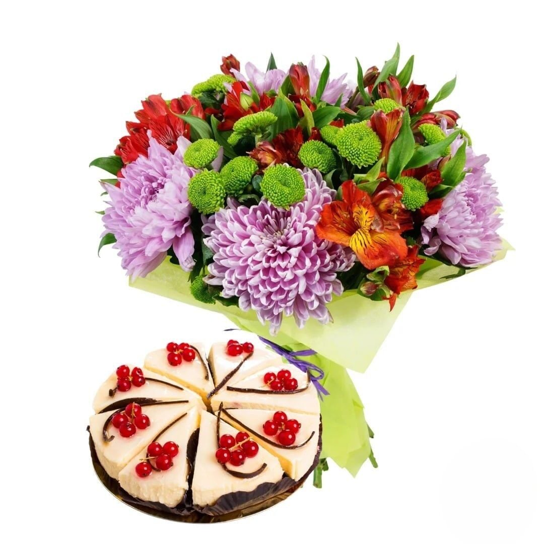 Seasonal colourful bouquet with cheesecake (Refined)