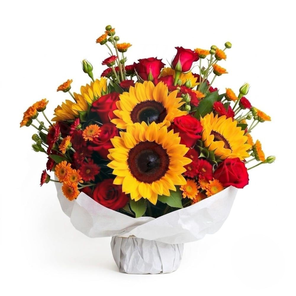 Bouquet Of Sunflowers And Red And Orange Flowers (Refined)