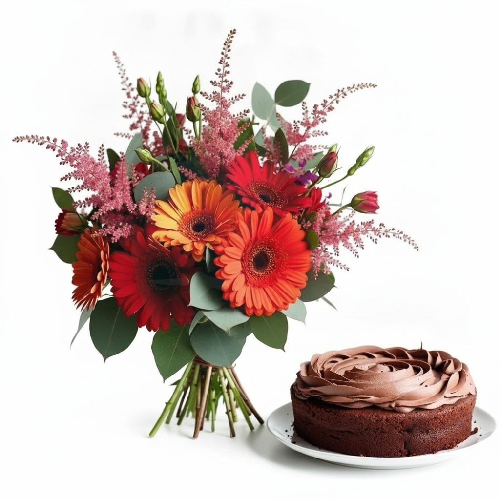 Bouquet of Mixed Orange Gerberas with chocolate cake (Refined)