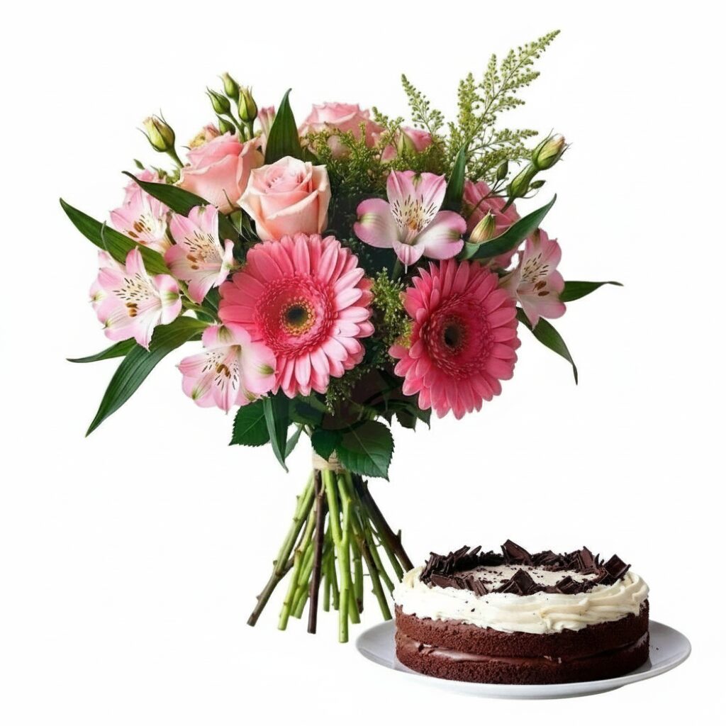 Bouquet of Mixed Pink Flowers with choco-cream cake (Refined)