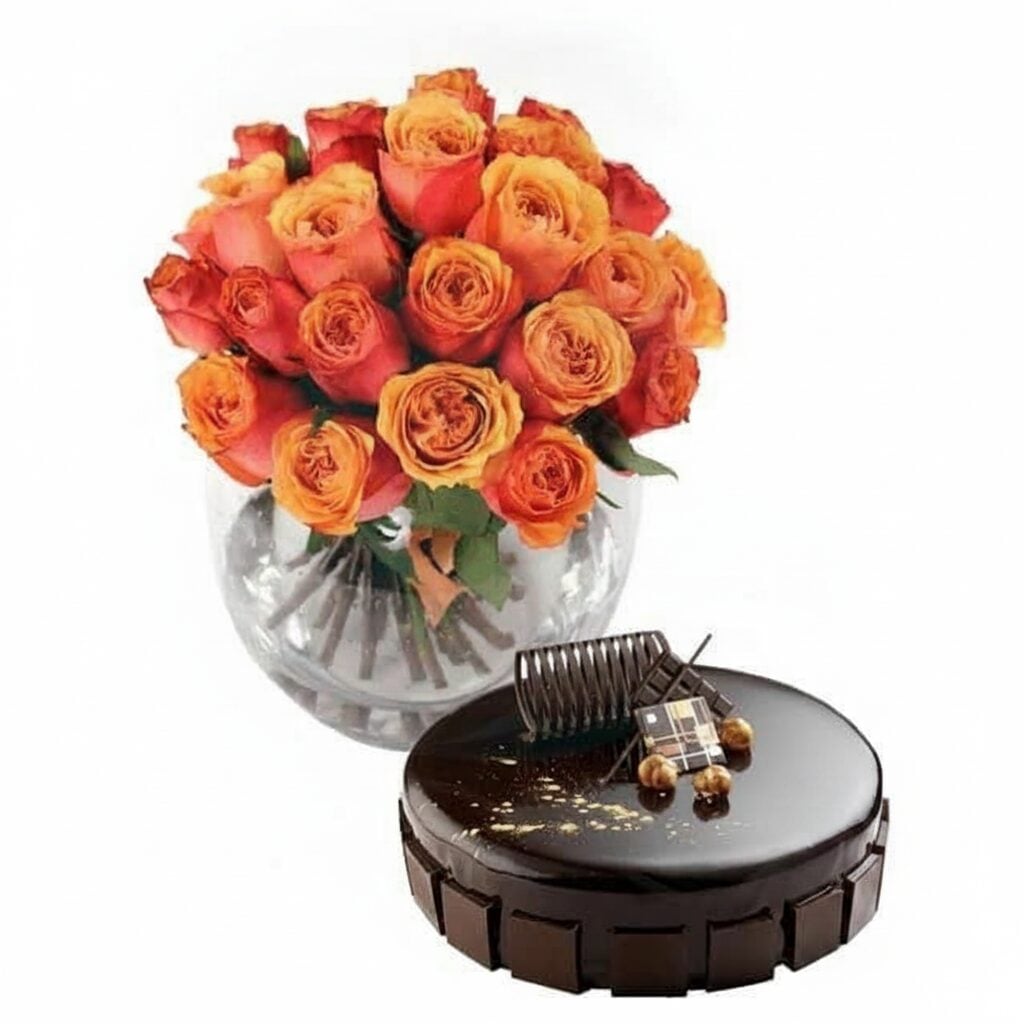 Bouquet of orange roses with chocolate cake (Refined)