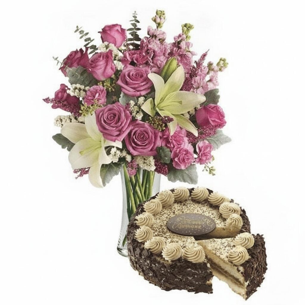 Pink and white bouquet with cream cake (Refined)