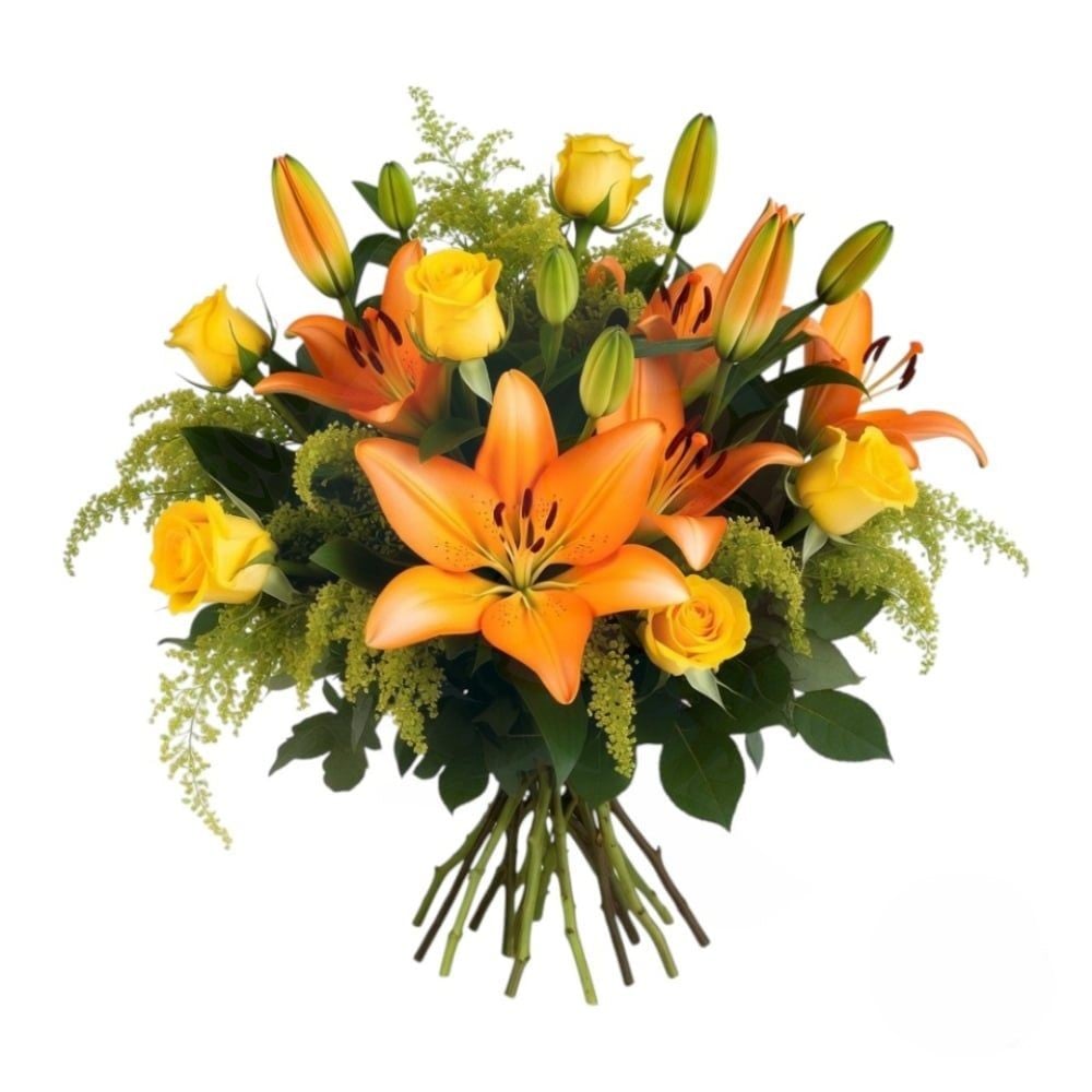 Bouquet of yellow roses and orange lilies (Refined)