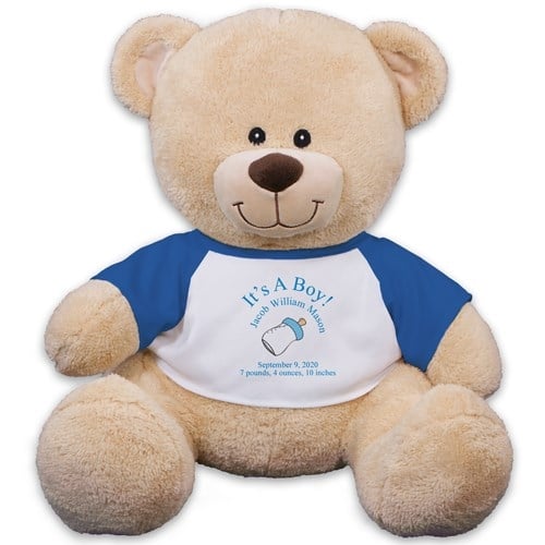 Personalized New Baby Boy Teddy Bear - 11"