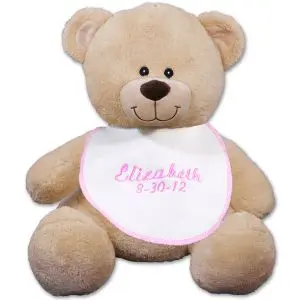Embroidered Pink Baby Bib Teddy Bear - 11"