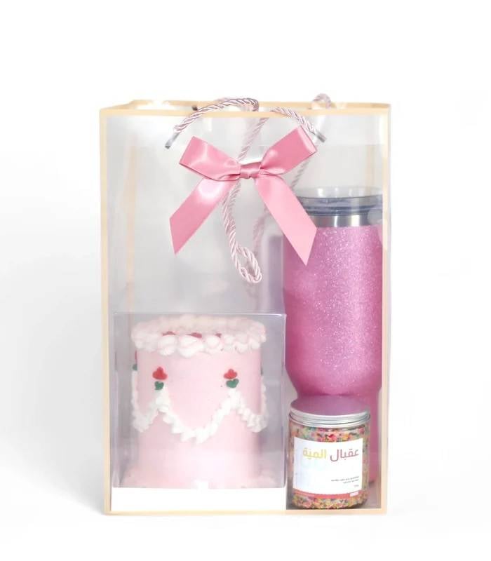 Pink Glitter Tumbler & Birthday Cake Candle Gift Bag