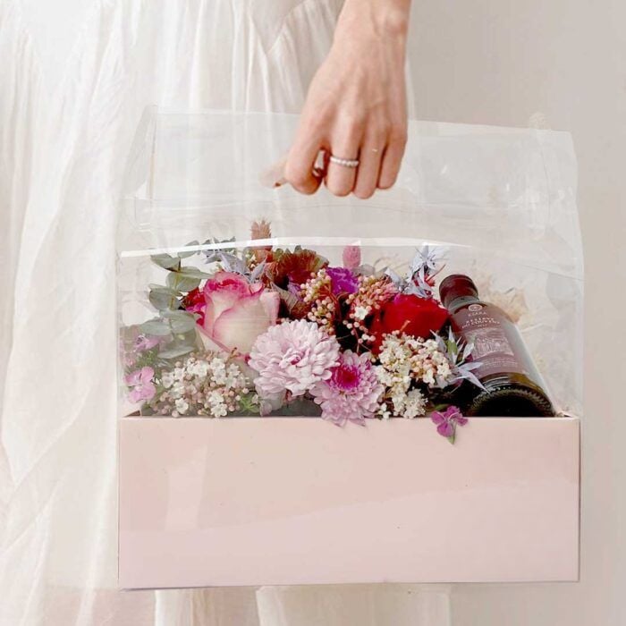 Pink Flower Box with Wine & Chocolates