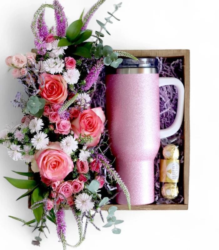 Pink Glitter Tumbler and Seasonal Fresh Bouquet Box