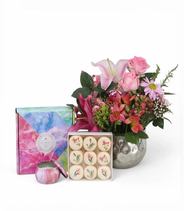 Soy Candles & Macarons Floral Gift Bundle