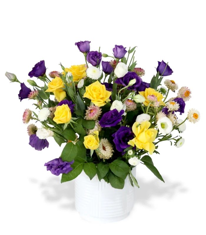 Yellow Rose & Purple Bloom Planter