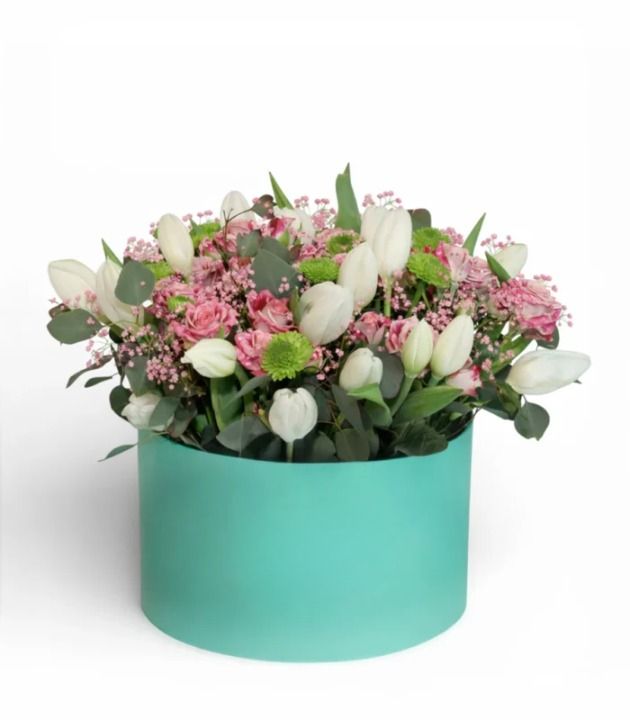 Love at Tiffany's White Tulips and Baby Roses Flower Box