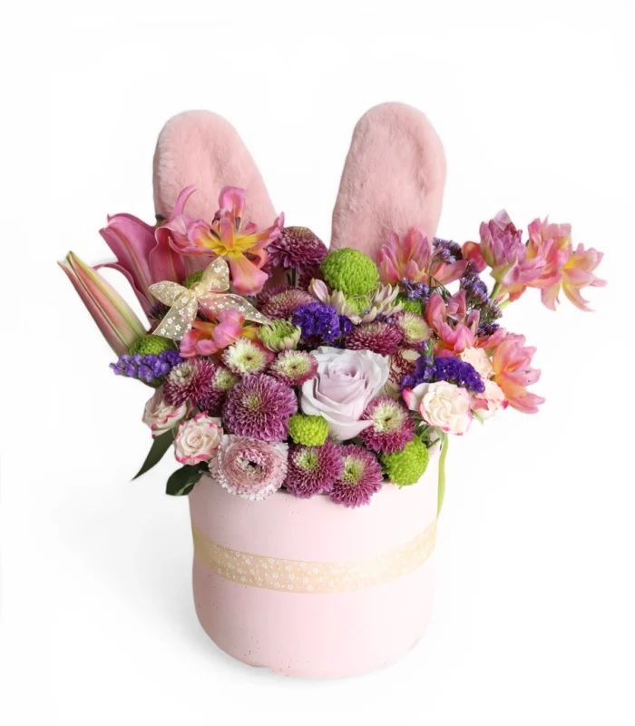 Spring Bloom Bunny Ear Arrangement in Concrete Pot