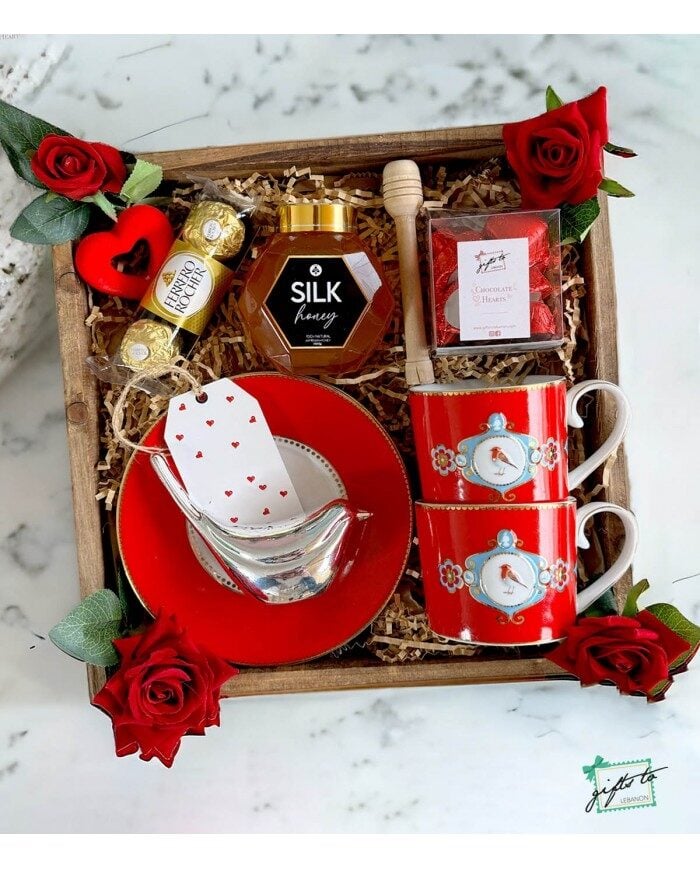 Medallion Love Birds Tea Cups and Honey Gift Box
