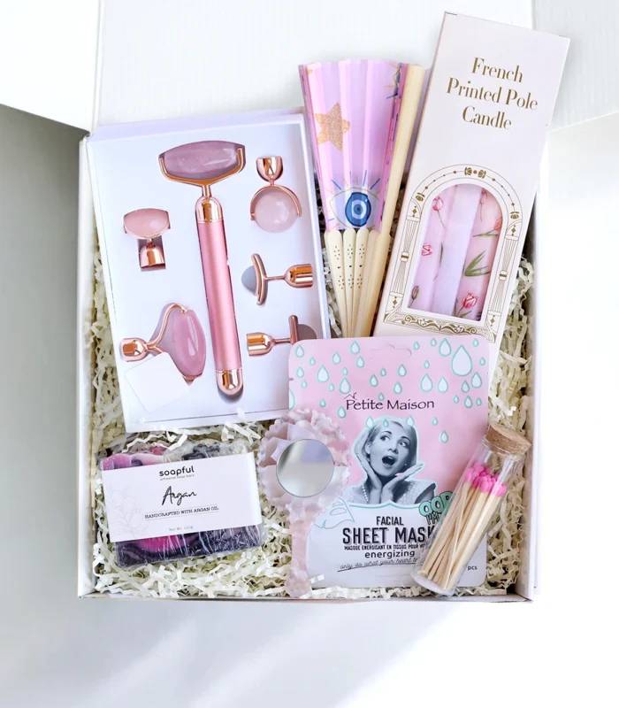 6 in 1 Rose Quartz Jade Roller Radiant Glow Wellness Gift Box