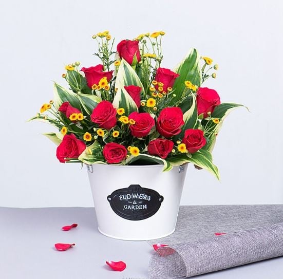'love Is The Answer' 15 Red Rose Arrangement In A Metal Basket
