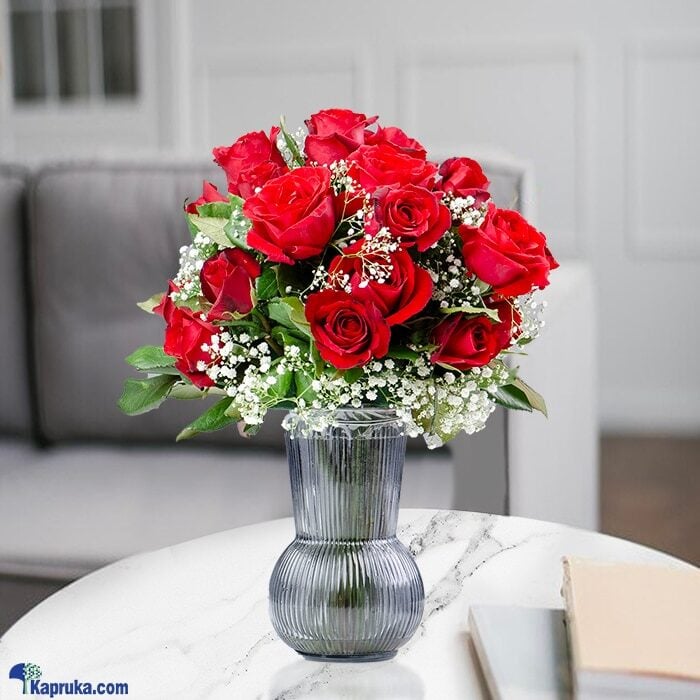 'amour Vase' 25 Red Roses In A Glass Vase