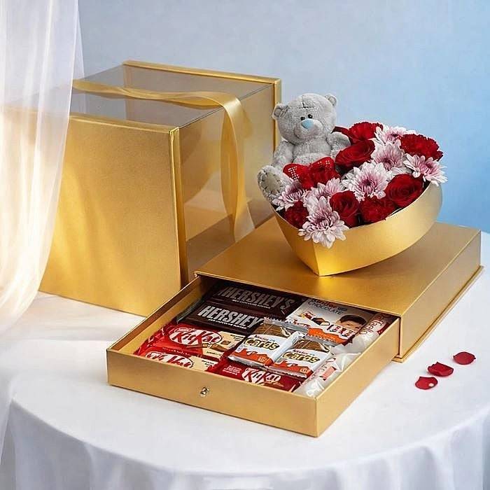 Blush Love Teddy, Flowers Chocolate Gift Box