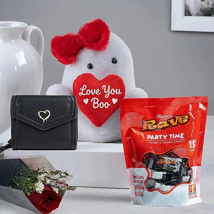 Love You Boo Sweet Surprise Gift Set With Soft Toy, Ritzbury Rave Chocolates, Wallet And Single Red Rose