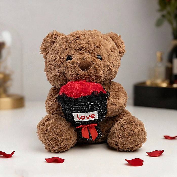 Brown Teddy Bear Holding Love Bouquet - 15 Inch