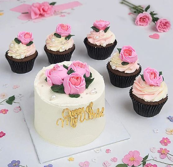 Rose Petal Petite Bento Ribbon Cake With 5 Chocolate Cupcakes