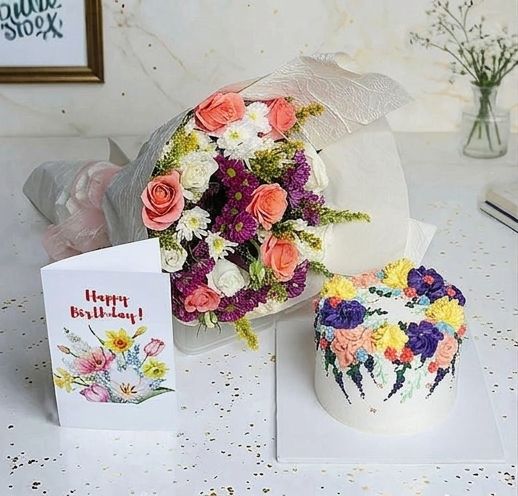 Her Day Of Grace Birthday Combo With Cake And Roses Flower Bouquet