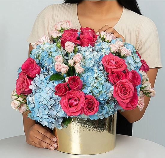 Royal Bloom Dreams Arrangement With Pink Roses And Hydrangea