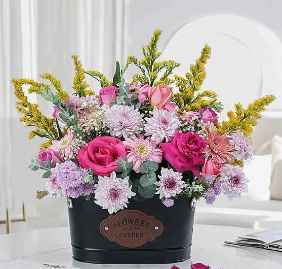 Velvet Garden Arrangement In A Rustic Metal Vase