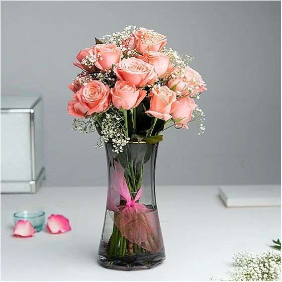 Rose Glow Vase Arrangement With 15 Pink Roses